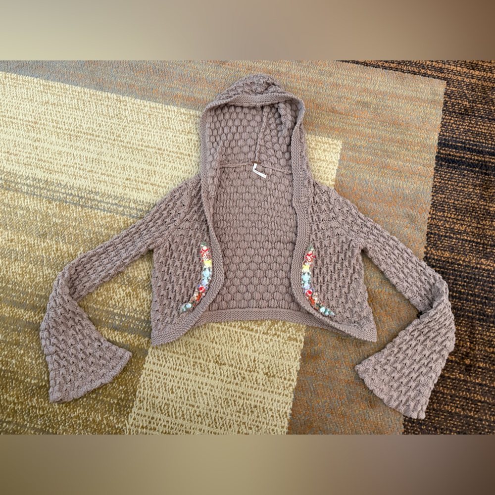 Free People Crochet Hooded Bolero with Beaded Accents - Taupe
